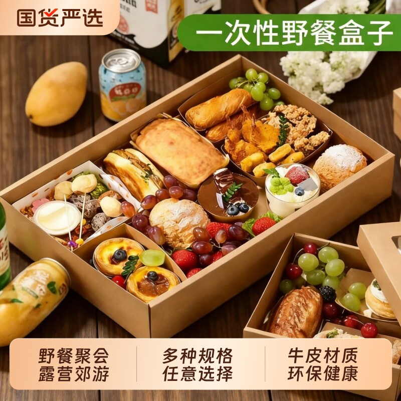 野餐盒子一次性春游打包便当盒网红郊游露营牛皮纸烤肉聚餐包装盒