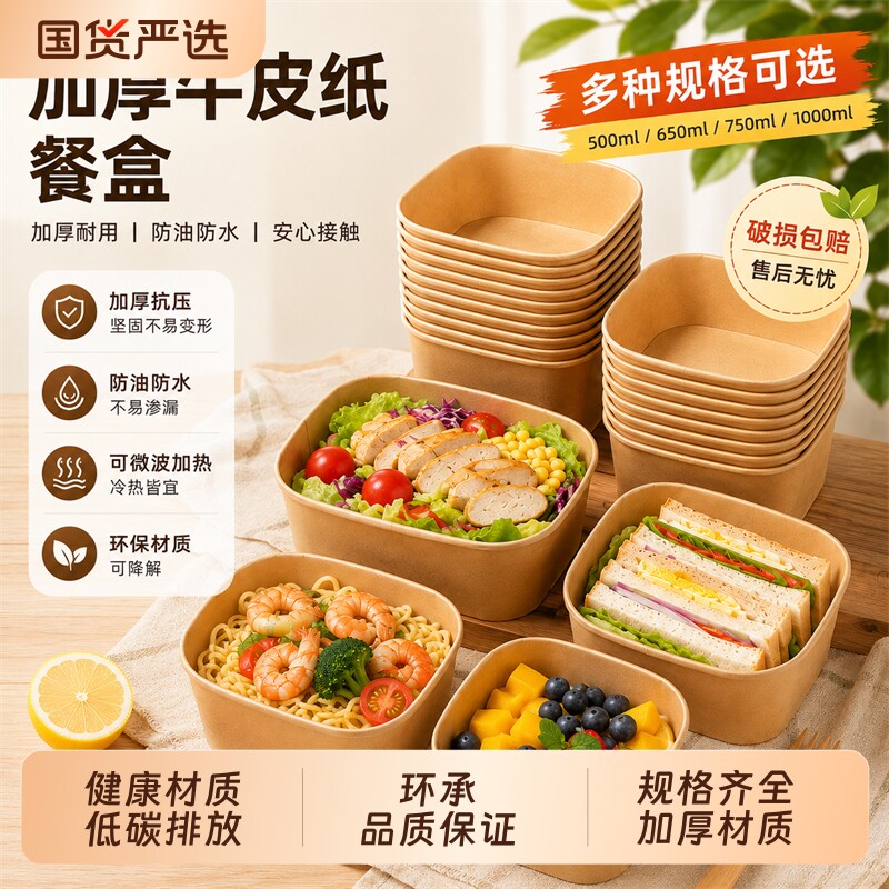 牛皮纸一次性打包盒正方形加厚带盖餐盒食品级野餐饭盒商用果切盒图片