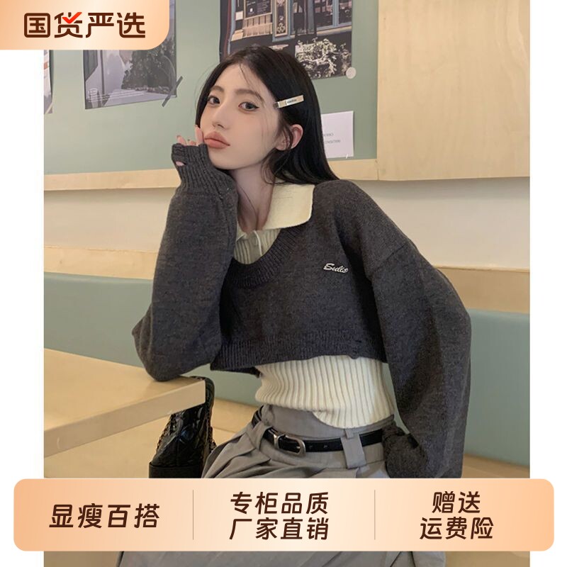 韩衣汐辣妹短款毛衣秋冬设计感针织罩衫无袖背心两件套