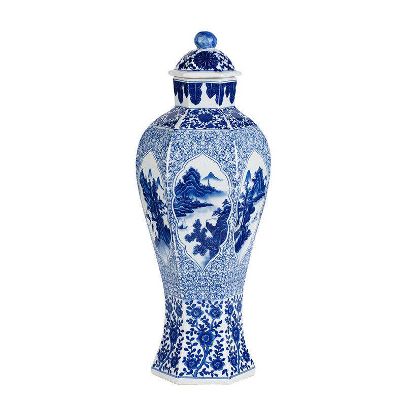 中式仿古六方青花将军山水陶瓷摆件现客厅博古架酒柜工艺品