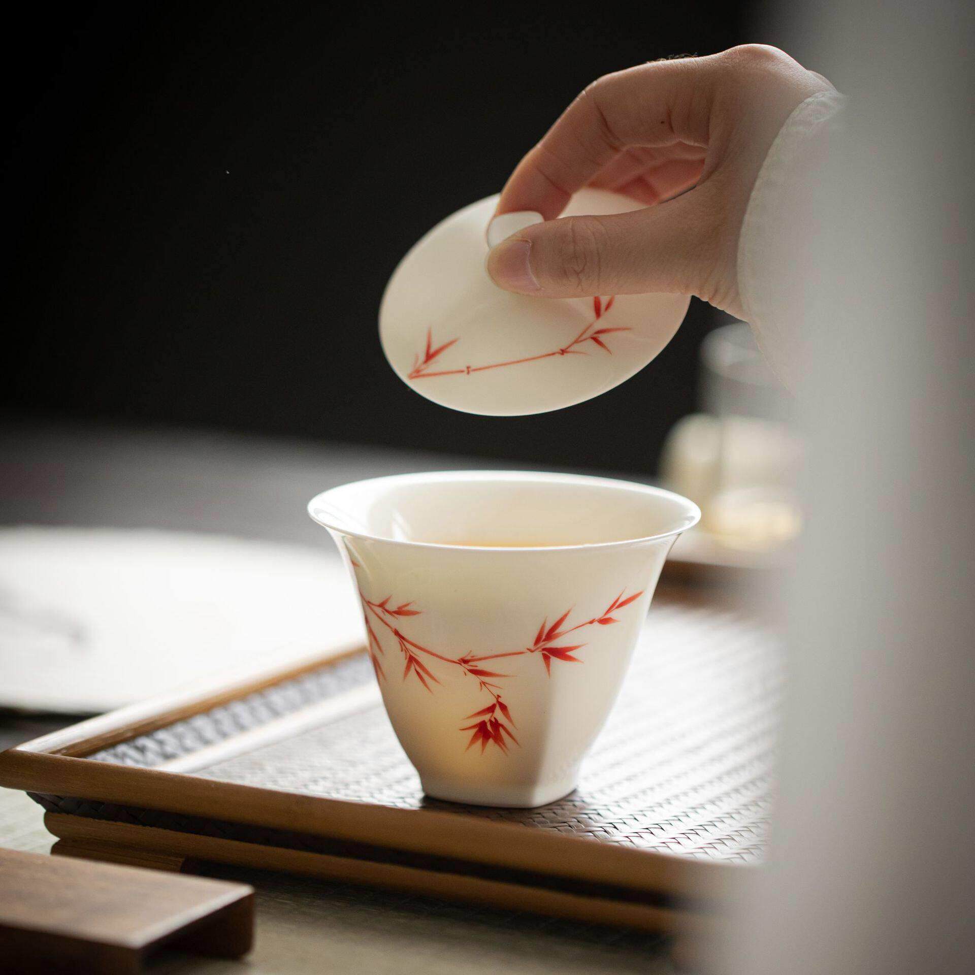 墨己 玉泥手绘盖碗 猪油白仿古红竹二才茶碗 陶瓷家用泡茶碗