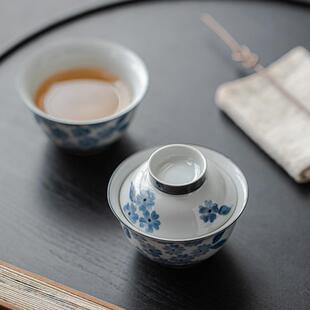 手绘旅行茶具草木灰海棠一人饮盖碗茶杯便携收纳户外快客杯 叙旧