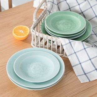 精选龙泉青瓷牡丹菜盘8寸中式餐具创意陶瓷圆形盘子醋碟家用餐盘