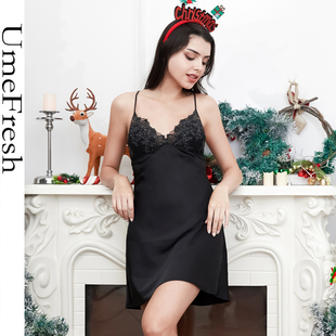 UmeFresh•性感黑色蕾丝吊带睡裙女薄款纯欲V领美背家居服短裙