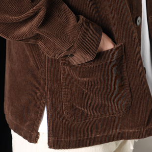 粗条纹纯棉灯芯绒怀旧复古长袖 纯色简约翻领百搭外穿夹克外套 衬衫