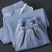 复古宽松束脚长裤 丹宁蓝色炒雪花做旧洗水纯棉卫裤 400g重磅美式