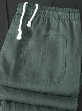 夏季墨绿色纯亚麻小脚口九分裤轻薄透气吸湿排汗抽绳松紧腰直筒裤