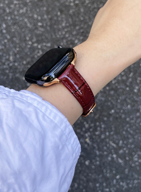 适用苹果iwatchs11s10表带竹节纹亮面皮质玫金扣表带小众创意表带