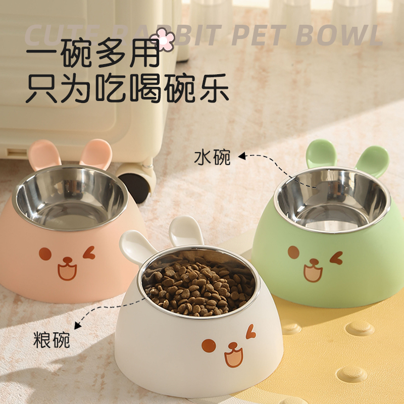 宠物不锈钢猫碗猫食盆防打翻护颈高脚保护颈椎大口径斜口狗碗狗盆