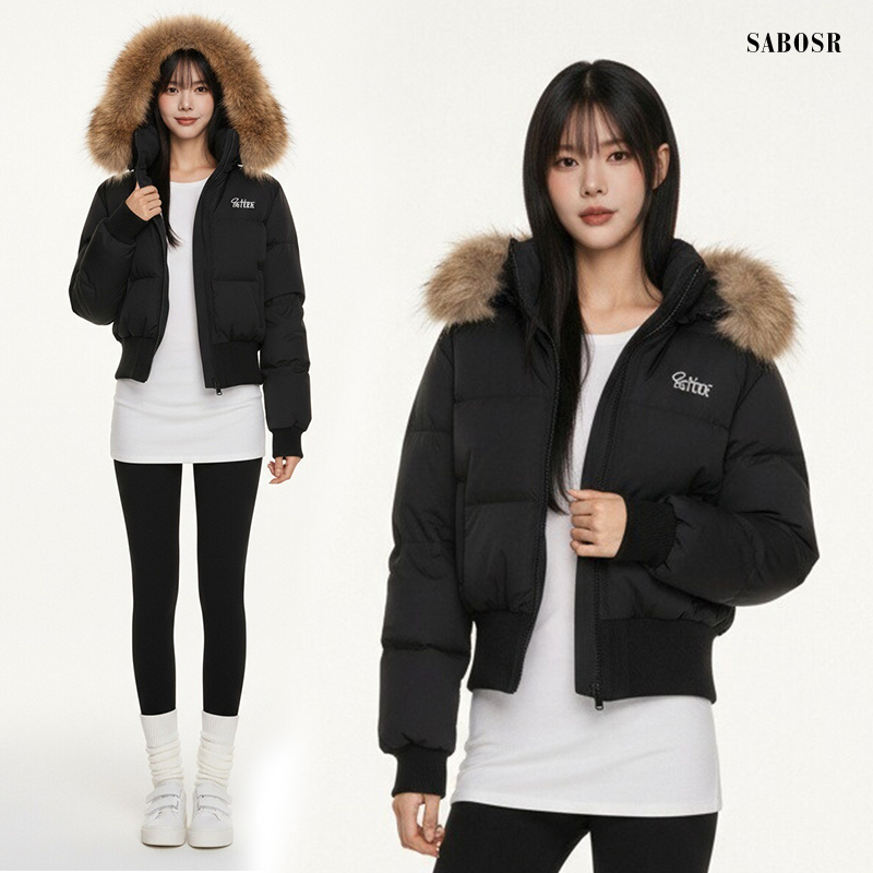 黑色毛领收腰短款棉服女款