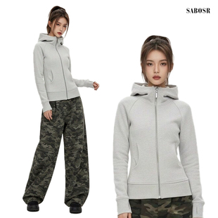 灰色修身卫衣外套女秋冬季显瘦正肩短款连帽内搭收腰上衣春季穿搭