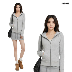 灰色修身卫衣外套女秋冬季显瘦正肩短款连帽内搭收腰上衣春季穿搭