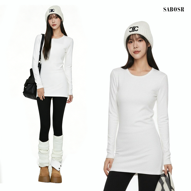 白色内搭圆领中长款遮屁股长袖女t恤修身紧身打底衫上衣德绒纯棉