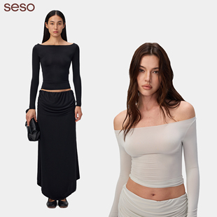 seso丨简约休闲两穿微透长袖一字领T恤上衣 锦纶高弹领口随心切换