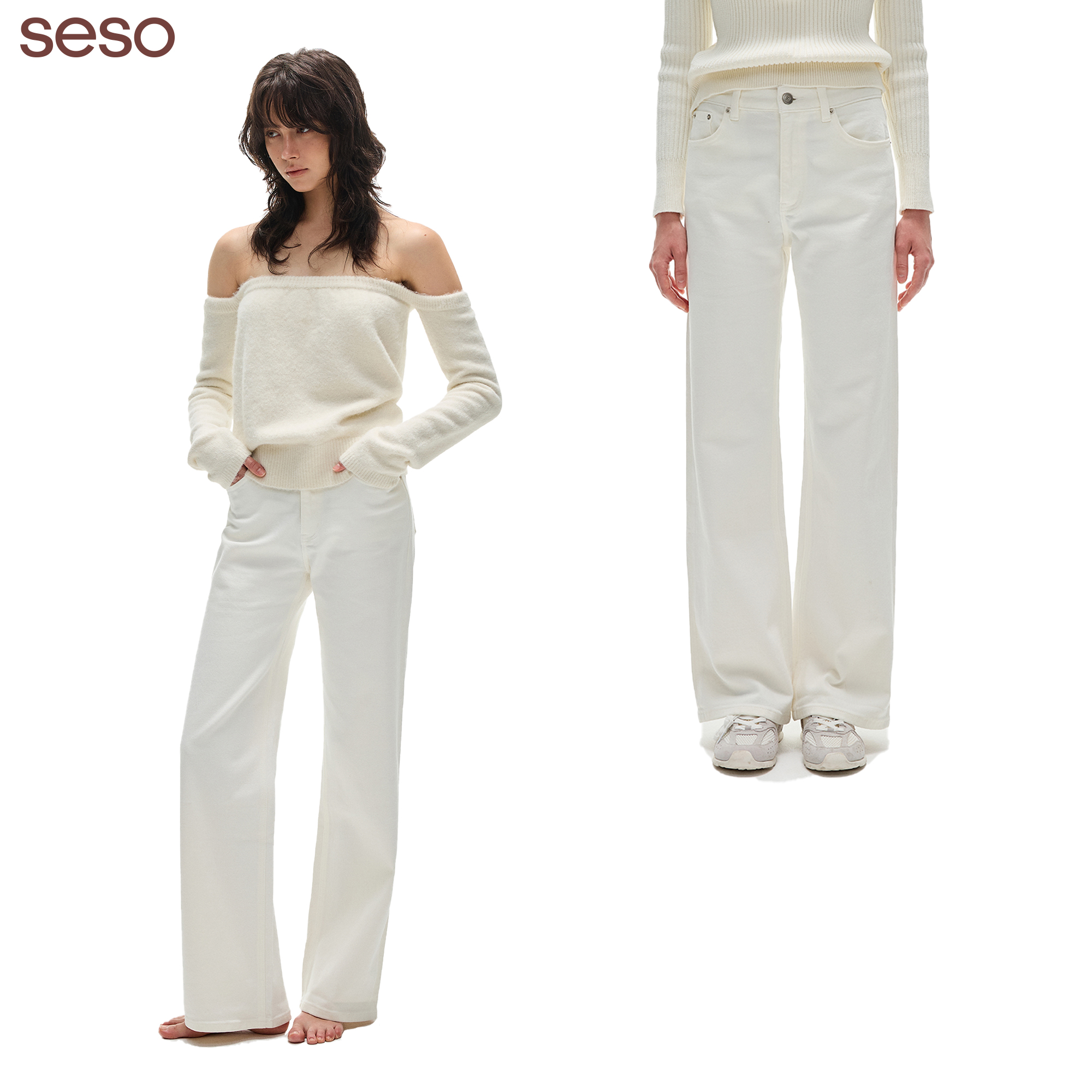 seso直筒牛仔裤长款中高腰白色