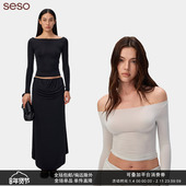 一字领T恤上衣 seso 简约休闲两穿微透长袖 锦纶高弹领口随心切换