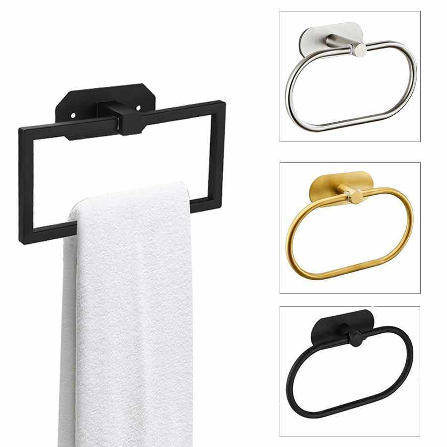 304不锈钢毛巾环免打孔椭圆环毛巾架浴室方环毛巾挂圈擦手巾挂环