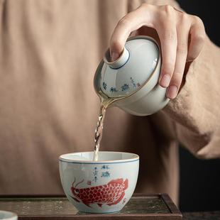 福鱼陶瓷快客杯功夫手绘一壶二杯车载便携收纳包旅行茶具套装