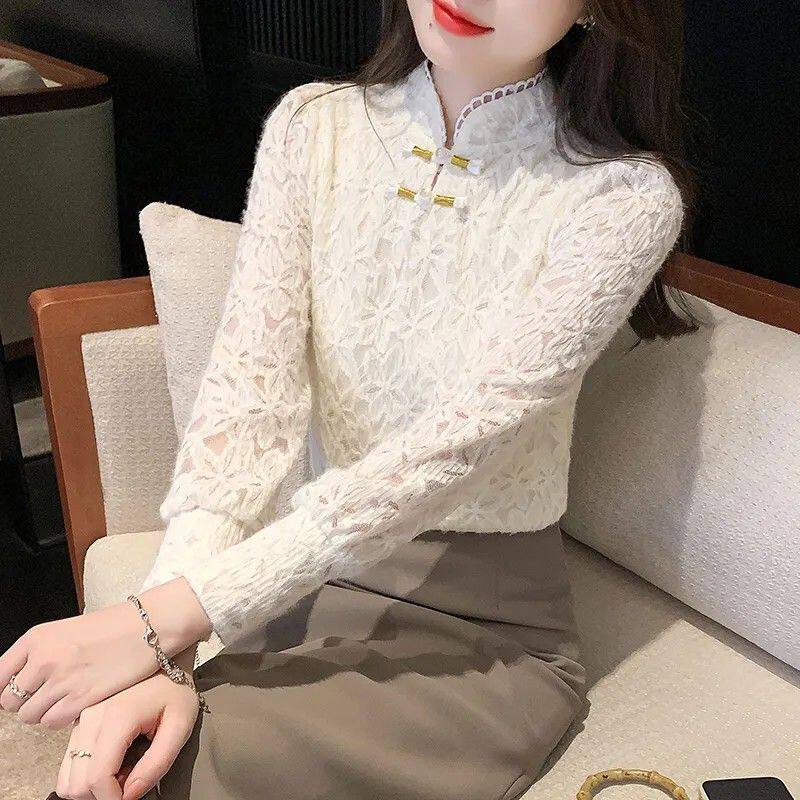 1024秋冬时尚修身加绒国风蕾丝打底衫女新款复古法式韩版轻奢减龄