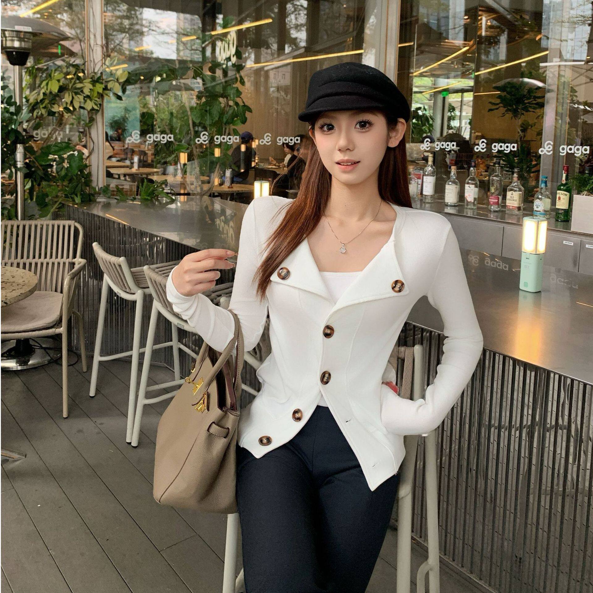 韩系纽扣开衫女秋冬新款设计感T恤修身内搭打底衫小香风上衣 运动