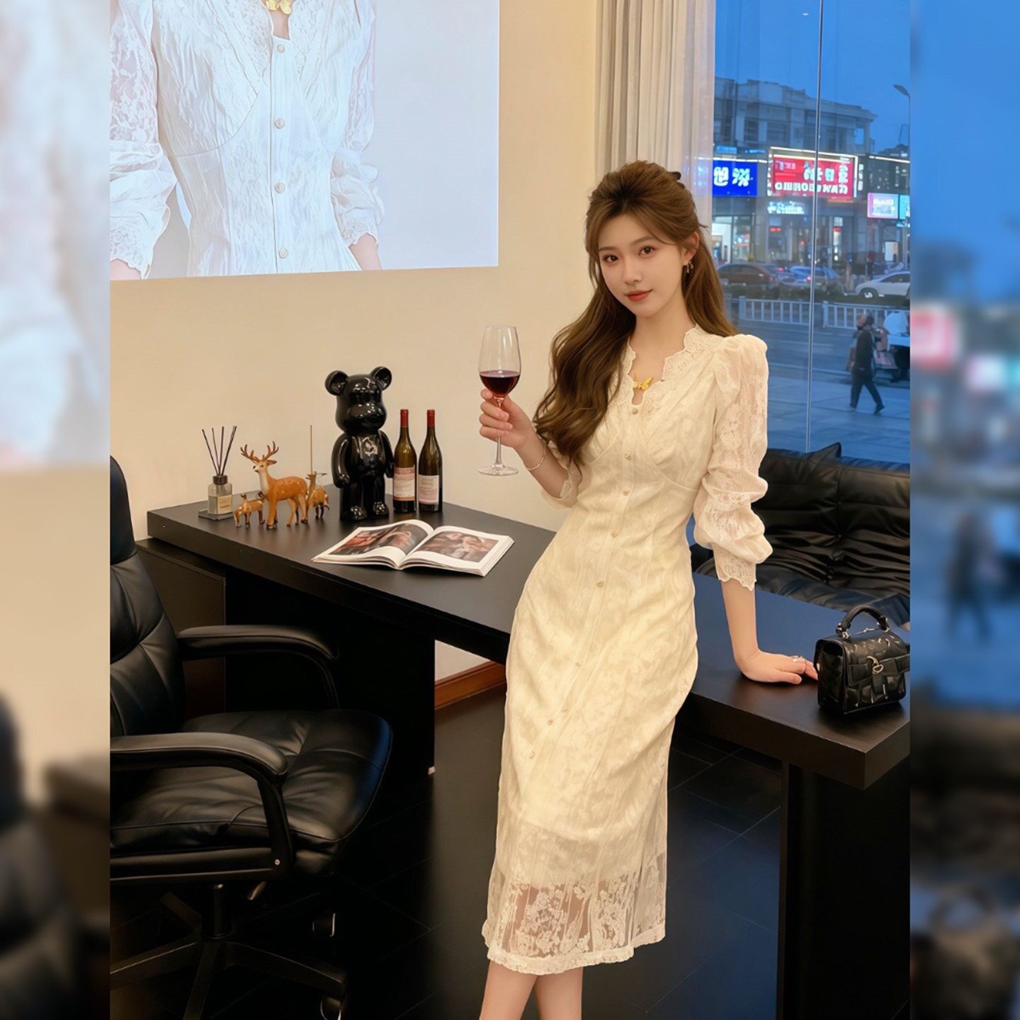 长袖连衣裙女秋季2026新款法式v领蕾丝小个子显瘦轻奢