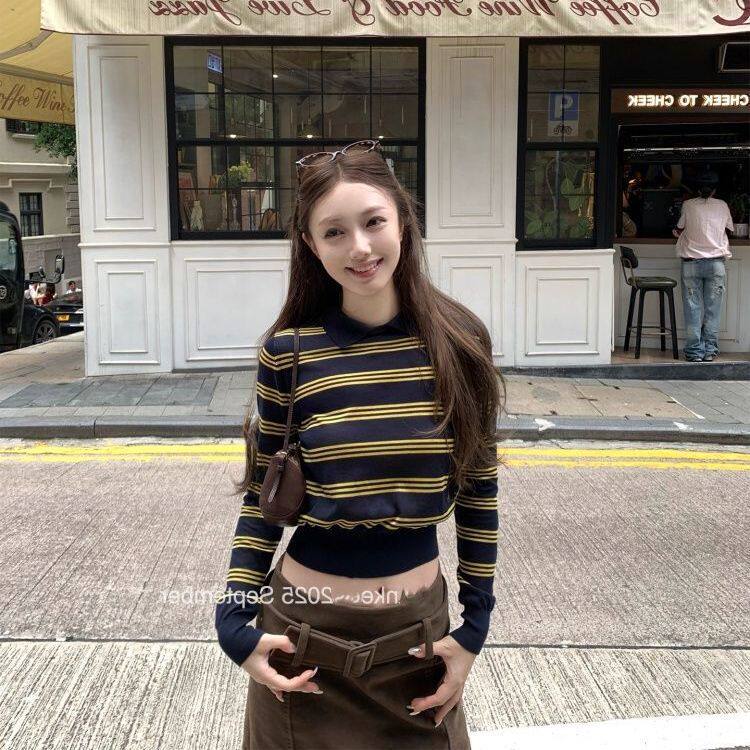 复古条纹长袖t恤女秋法式气质收腰设计感学院风显瘦透气polo上衣