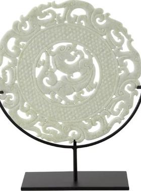 新中式家居书房酒店样板间玄关软装镂空雕刻桌面白色玉片玉璧摆件