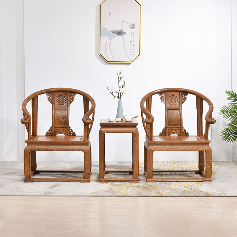 优选红木家具鸡翅木中式皇宫圈椅三件套原木靠背椅实木仿古太师椅