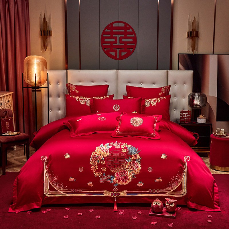 2024新款长绒棉新中式精美刺绣婚庆四件套