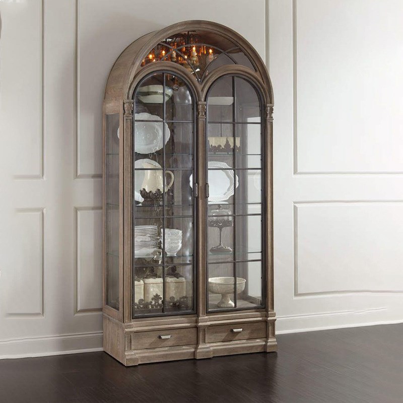 美式实木两门书柜落地拱形玻璃门家用客厅酒柜靠墙立柜法式展示柜