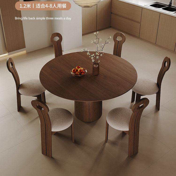 中古风实木圆形餐桌转盘法式复古胡桃色圆桌家用小户型设计师饭桌
