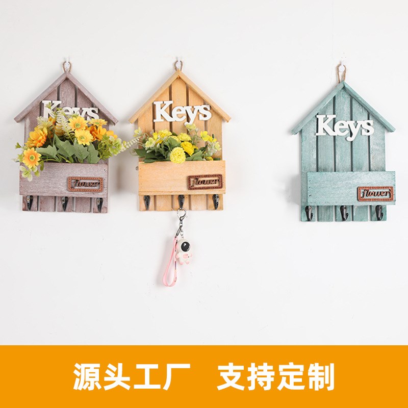 跨境壁挂小木屋木质创意手工墙面挂件插花摆件家居挂饰仿真花花盆
