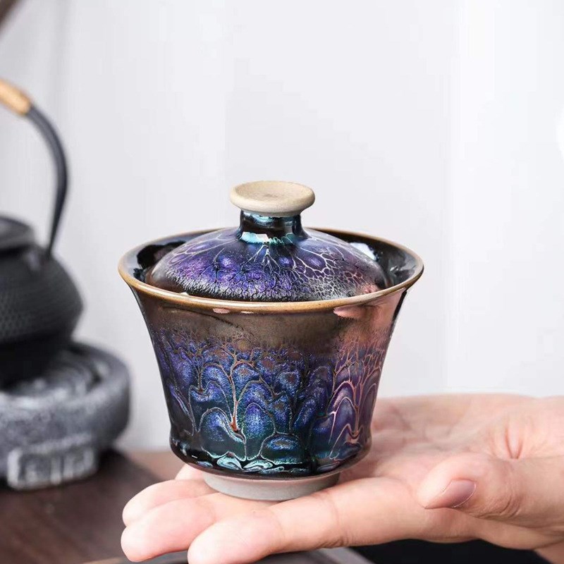 建阳铁胎薄胎蓝色妖姬天地盖碗建盏纯手工建窑名家三才盖碗