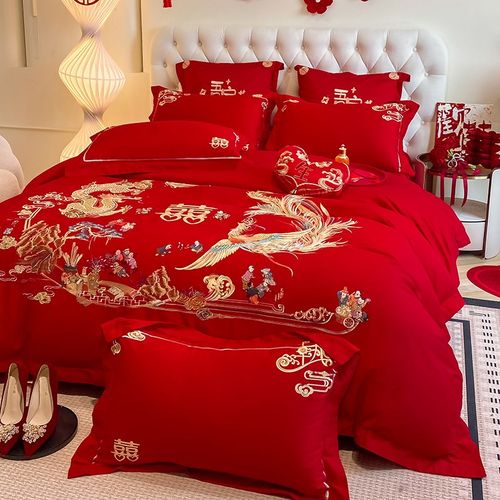 优选中式160S长绒棉婚庆四件套新婚喜被龙凤刺绣全棉床单被套床上