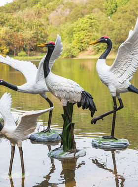 户外仿真仙鹤玻璃钢摆件假山水池鱼池造景丹顶鹤雕塑装饰花园庭院