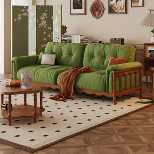 优选法式 实木沙发绿色直排多 复古婴儿绒布艺沙发中古客厅2024新款