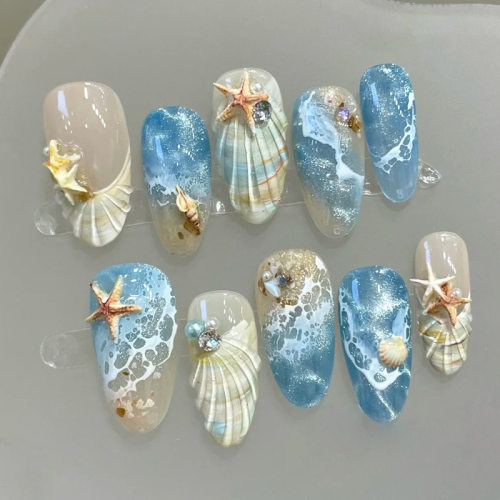 30片跨境爆款沙滩风彩绘精品穿戴甲海浪星星贝壳3D立体点钻美甲片