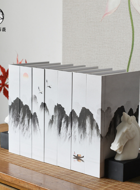 新中式创意水墨山仿真书假书书盒样板房书房软装饰品书柜摆件套装