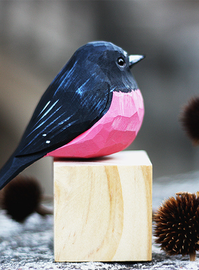 优选包邮 鹿妖商店 肥啾鸟木雕 粉红鸲鹟纯手工摆件 黑鸟 招桃花