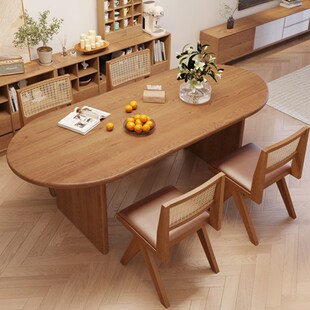 优选全实木餐桌原木风简约椭圆形大板长桌小户型樱桃木工作台大桌
