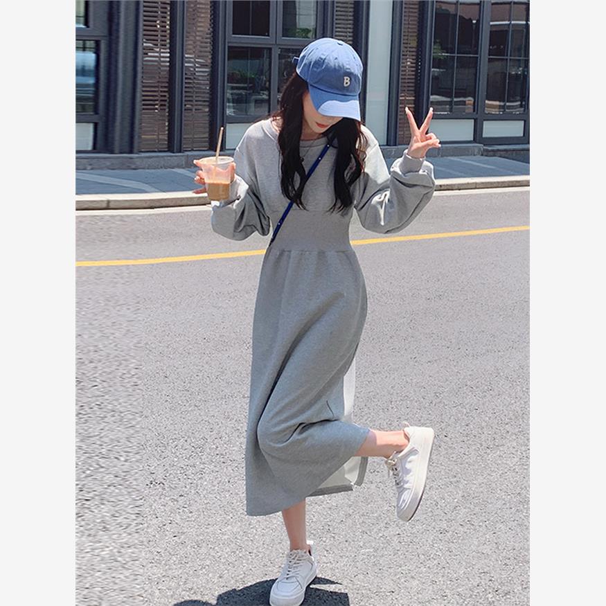 灰色休闲时尚卫衣裙女中长款2024秋新款韩版收腰显瘦高级感连衣裙