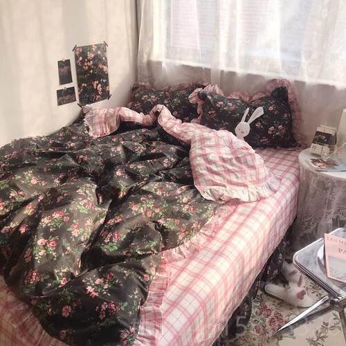 新款卡诗妮ins风复古玫瑰纯棉四套8全棉公主荷叶风边件1.床上被套