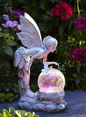新款童话花仙子摆件花园水晶球女孩雕像太阳能灯装饰品树脂工艺品