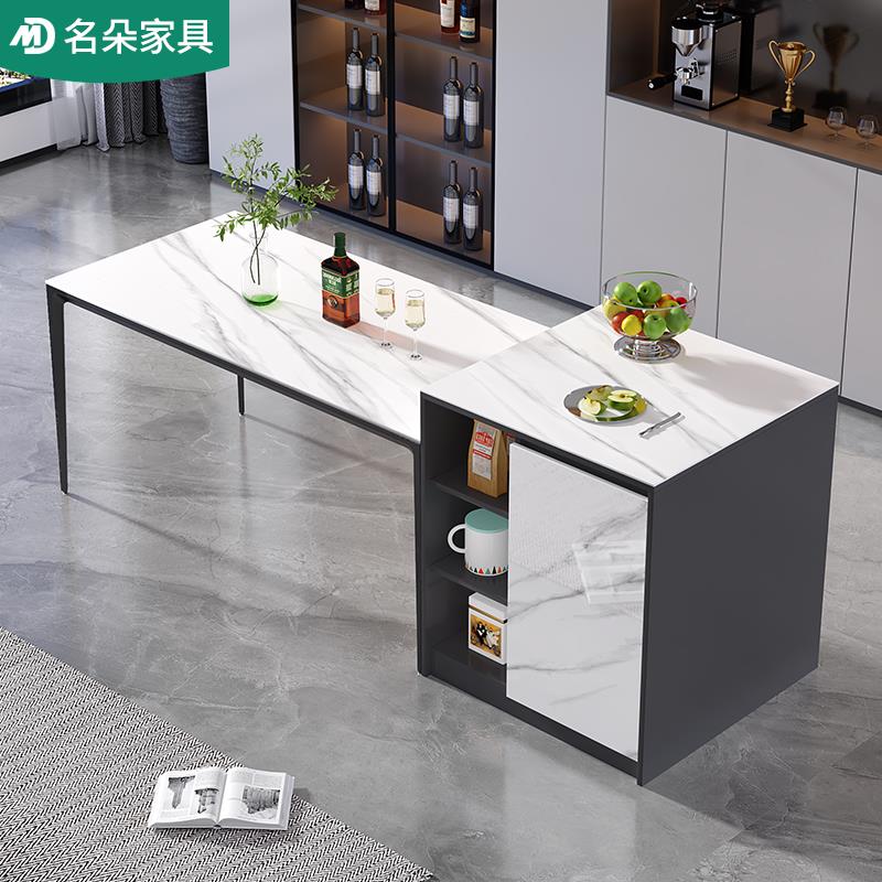 轻奢岩板岛台餐桌一体家用现代厨房多功能插座吧台茶桌餐边柜5E26