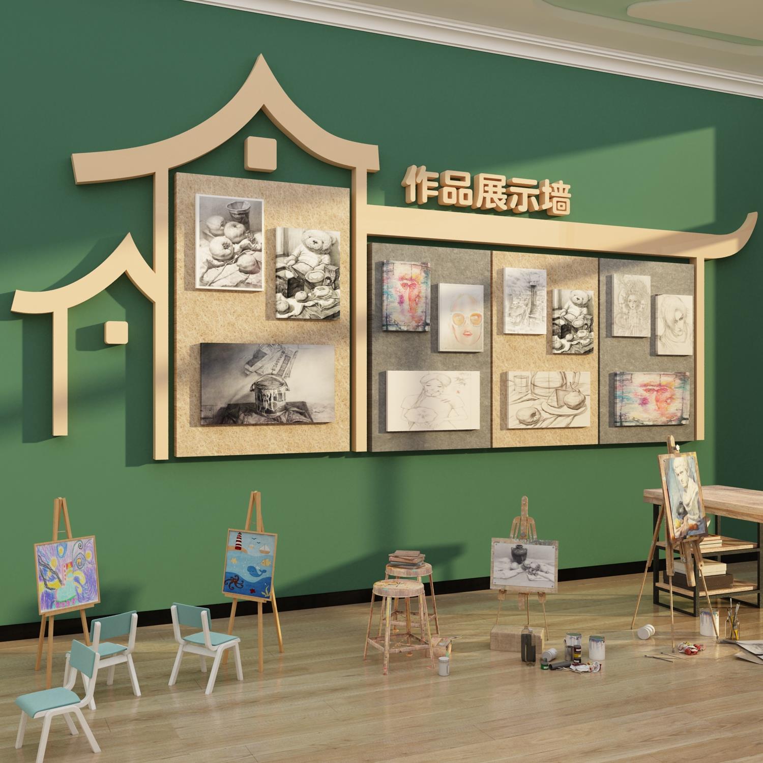 画室布置美术室毛毡板作品展示墙教室布置装饰环创培训机构文化贴