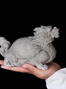 中式招财龙龟鱼缸造景装饰品创意青砂石书房桌面瑞兽玄武石雕摆件