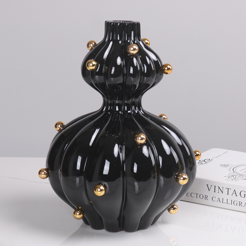 新中式黑色葫芦型花瓶摆件房地产软装客厅茶几书房玄关柜珠点花器