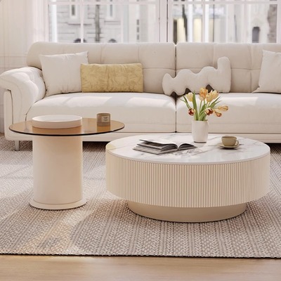 法式轻奢奶油风岩板茶几客厅家用茶台小户型创意圆形极简茶几组合