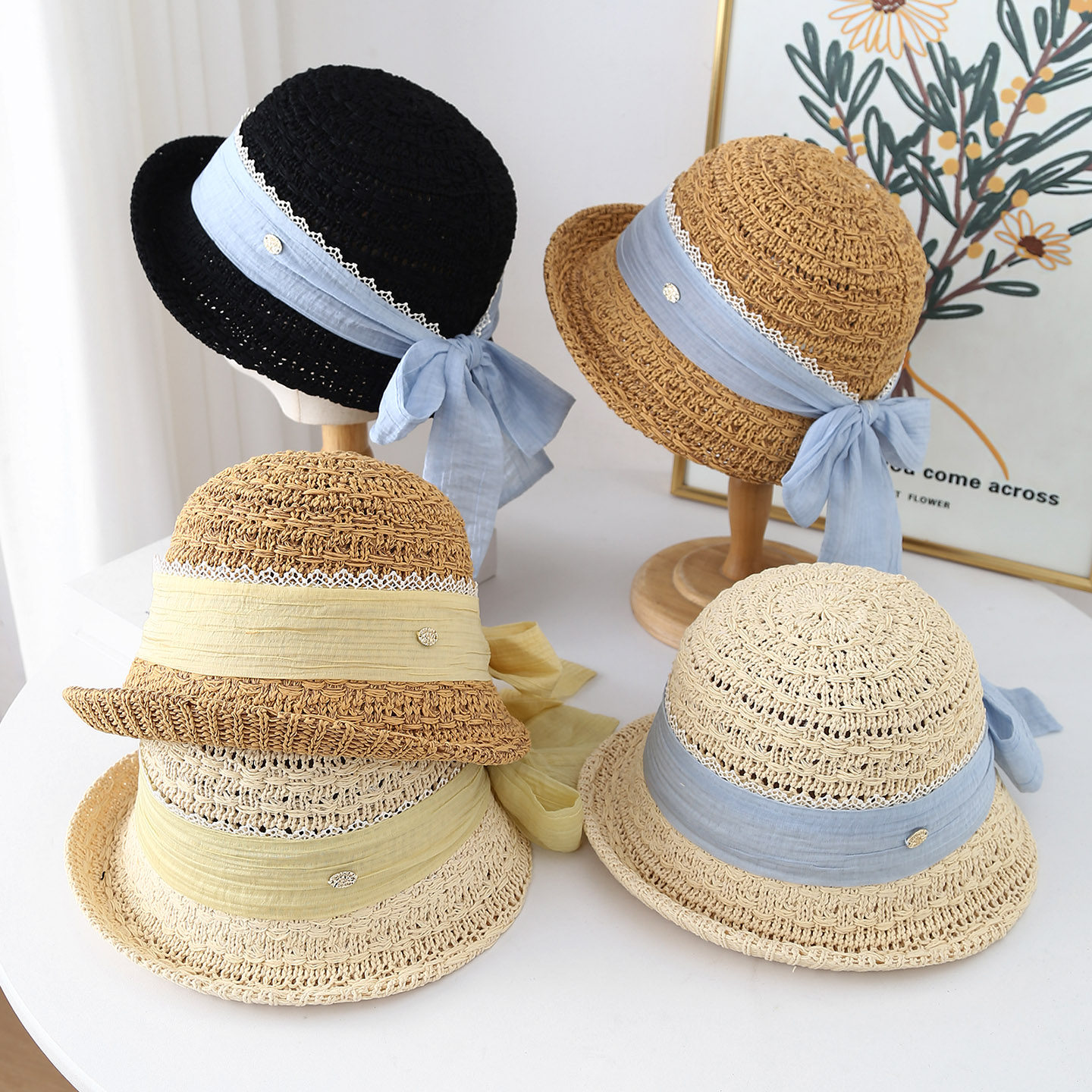 渔夫帽子女秋冬季翘边设计蕾丝飘带田园风格显脸小盆帽遮阳防晒帽