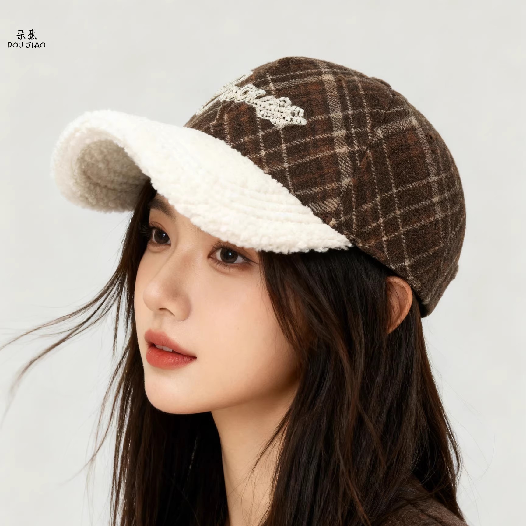 羊羔绒鸭舌帽子女加绒保暖棒球帽